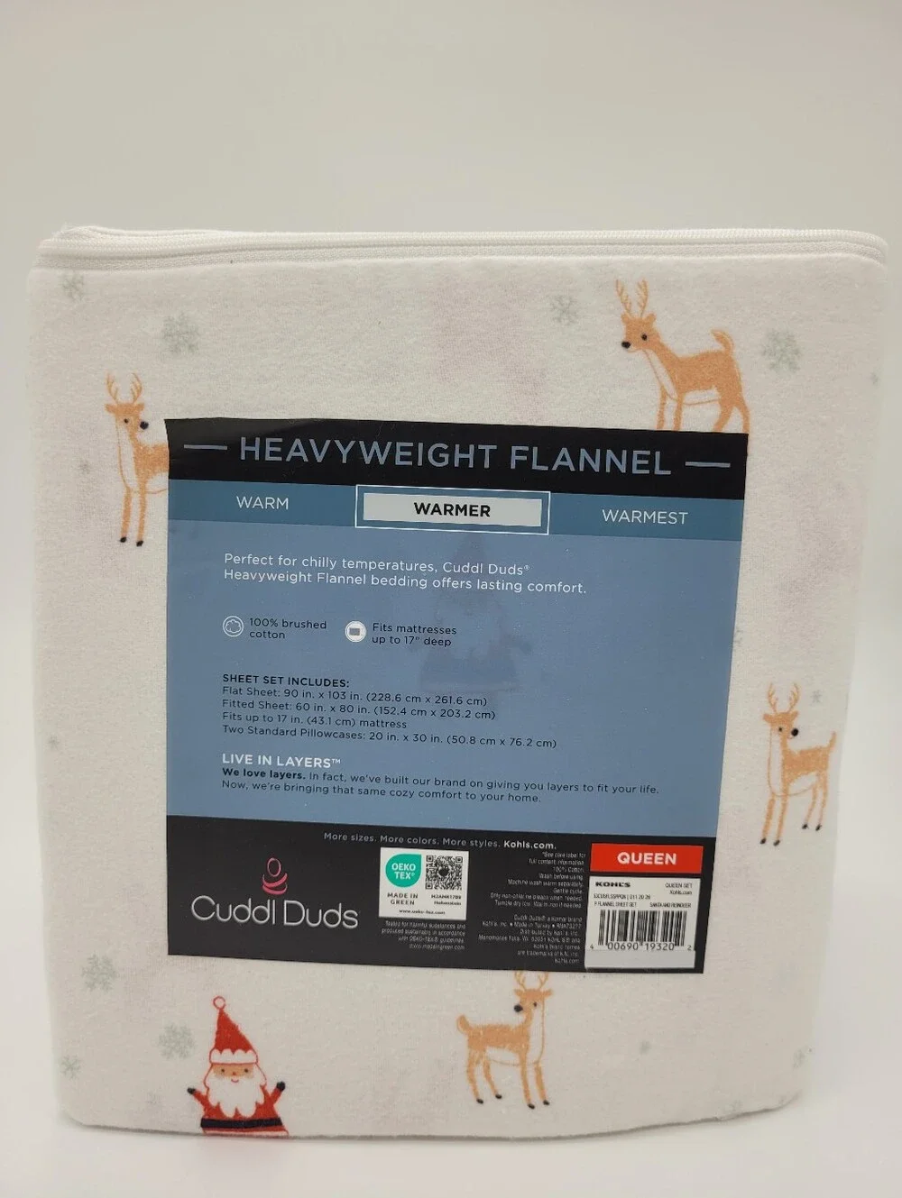 Cuddl Duds Heavyweight Flannel Sheet Set Reindeer Santa Print QUEEN Size NEW